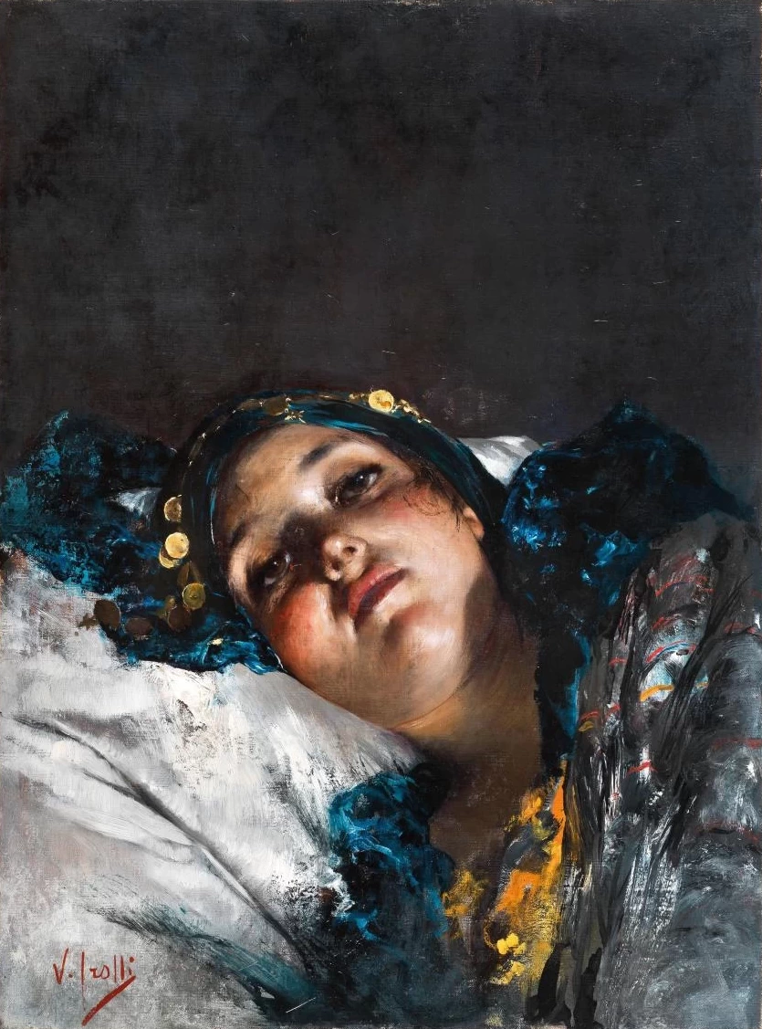 Ritratto di giovane donna appoggiata al cuscino